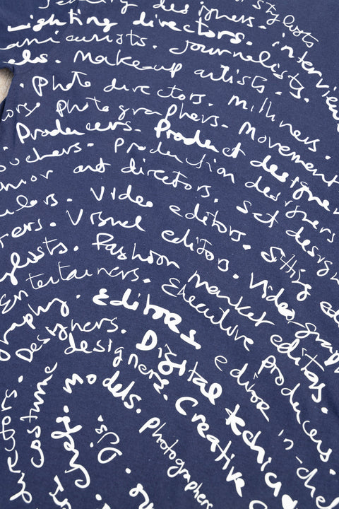 A close-up of a navy blue fabric surface covered with white handwritten-style text and graphics.