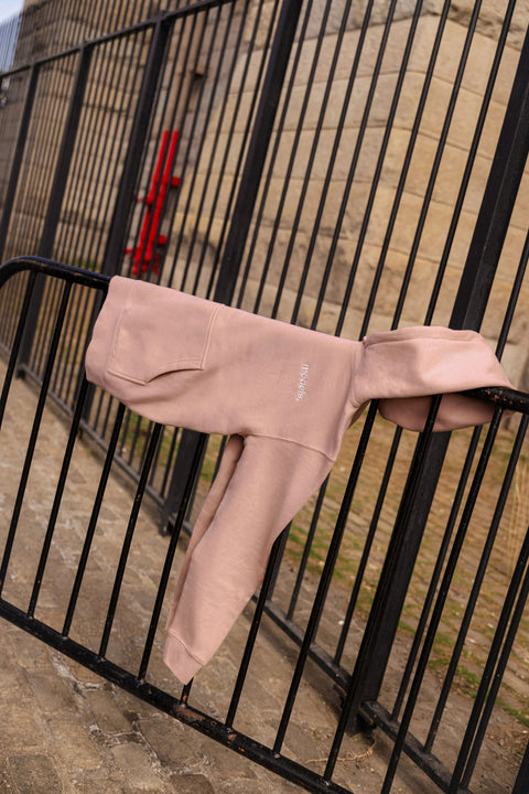 Dusty pink sweatshirt with off white "models." embroidered logo on the left side, draped over a black metal fence 