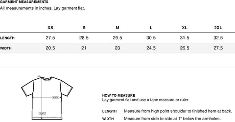 Size chart  for the 10oz MDC Hoodie with measurements in inches for various sizes. Lay garment flat and use tape measurement or ruler. Length: measure from high point shoulder to finish hem at back. Width: Measure from side to side 1" below the armholes. Measurements for all sizes in inches, length then width: XS 27.5 L, 20.5 W, S 28.5 L, 21 W, M 29.5L, 23 W, L 30.5 L, 24.5 W, XL 31.5 L, 26.5 W, 2XL 32.5 L, 27.5 W.